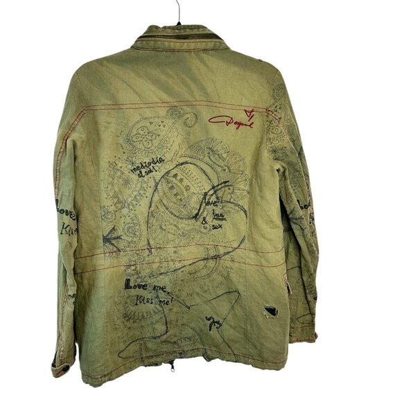 Desigual Embroidered Distressed Green Hooded Jacket Sz M Eclectic Edgy Artsy - Picture 3 of 16